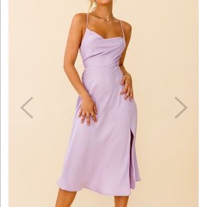 Purple cowl neck midi dress with slit